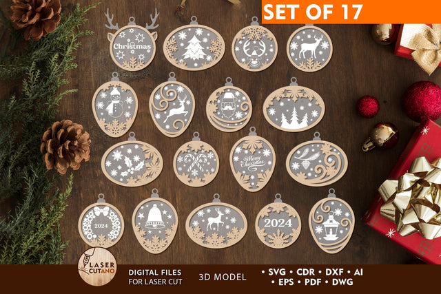 Christmas Tree Toys Ornaments Set, Laser Cut Files SVG LaserCutano 