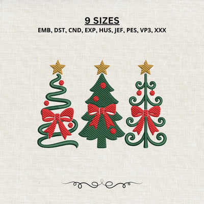 Christmas Tree Trio Embroidery Design – Bow Christmas Tree Machine Embroidery File, Coquette Holiday Xmas Tree Design Embroidery/Applique DESIGNS PatternFeed8 