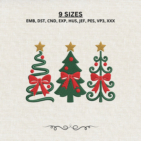 Christmas Tree Trio Embroidery Design – Bow Christmas Tree Machine Embroidery File, Coquette Holiday Xmas Tree Design Embroidery/Applique DESIGNS PatternFeed8 