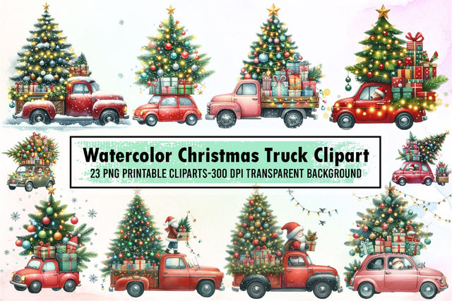 Christmas Truck Watercolor Clipart Sublimation designartist 