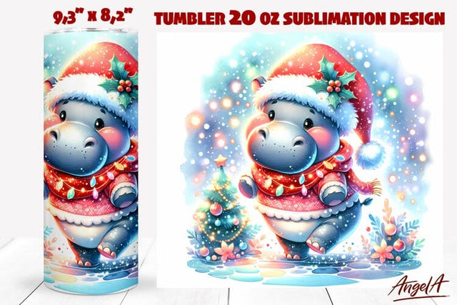 Christmas tumbler wrap, Christmas hippopotamus PNG Sublimation Angelina Semenova 