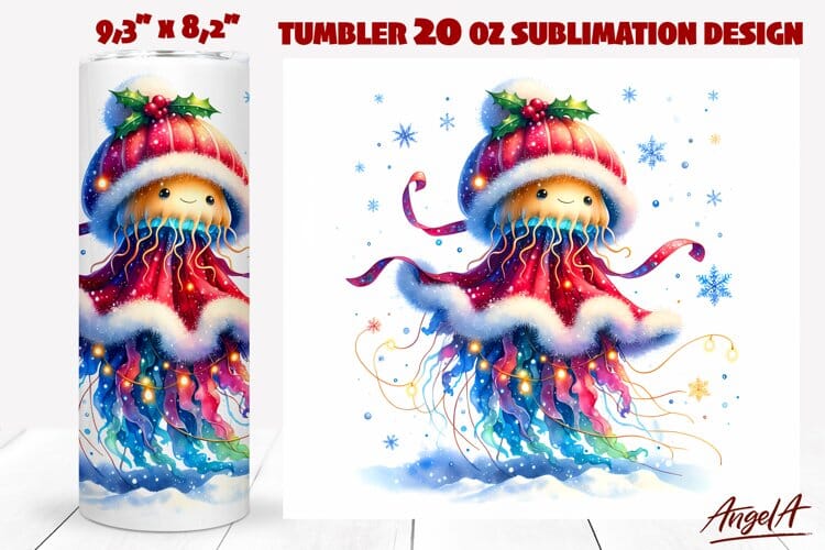 Christmas tumbler wrap, Christmas jellyfish PNG, sea animals Sublimation Angelina Semenova 