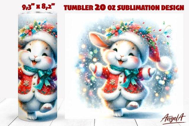 Christmas tumbler wrap, dancing cute rabbit illustration PNG Sublimation Angelina Semenova 