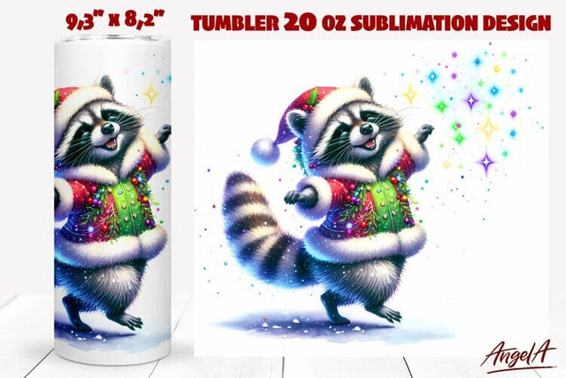 Christmas tumbler wrap, dancing cute raccoon tumbler PNG Sublimation Angelina Semenova 