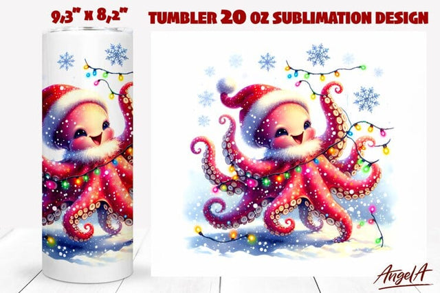 Christmas tumbler wrap, funny octopus, sea animals PNG Sublimation Angelina Semenova 