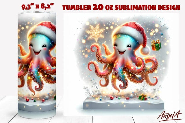 Christmas tumbler wrap, sea animals PNG, funny octopus Sublimation Angelina Semenova 