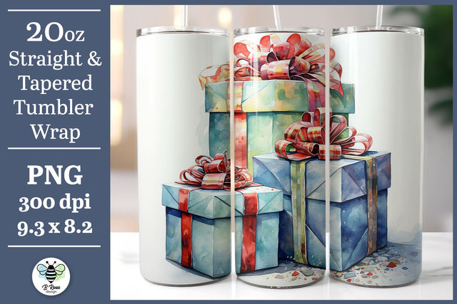 Christmas Tumbler Wrap | Watercolor Christmas Presents PNG Sublimation B Renee Design 