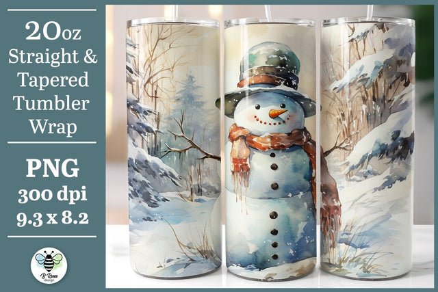 Christmas Tumbler Wrap | Watercolor Snowman Sublimation PNG Sublimation B Renee Design 