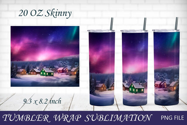 Christmas tumbler wrap with winter village and northern lights Sublimation AnastasiyaArtDesign 