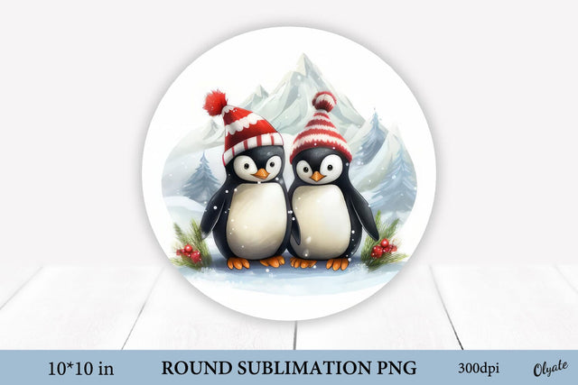 Christmas Two Penguins Round Sign PNG. Pinguin PNG Sublimation Olga Terlyanskaya 