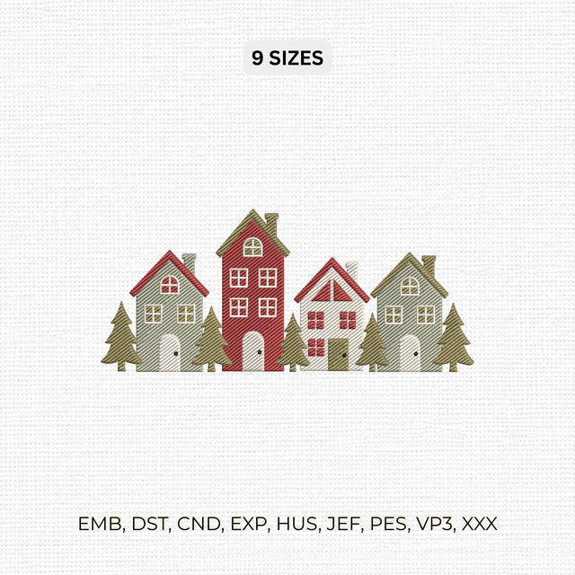 Christmas Village Houses Embroidery Design – Cozy Winter Town Pine Trees Holiday Machine Embroidery File Embroidery/Applique DESIGNS PatternFeed8 