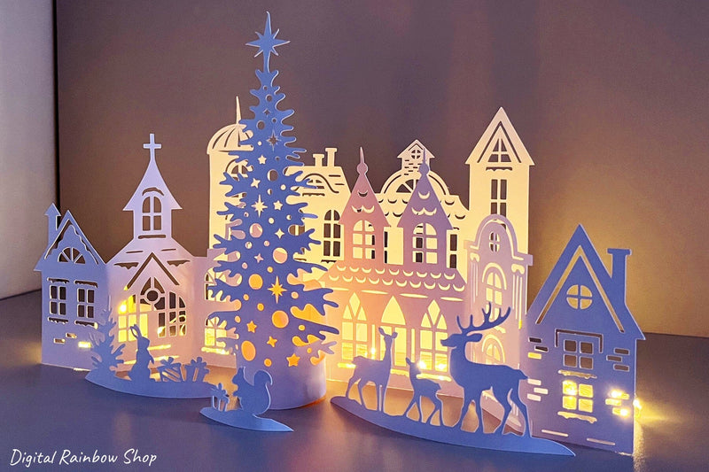 Christmas village svg template, 3d Christmas scene papercut - So Fontsy