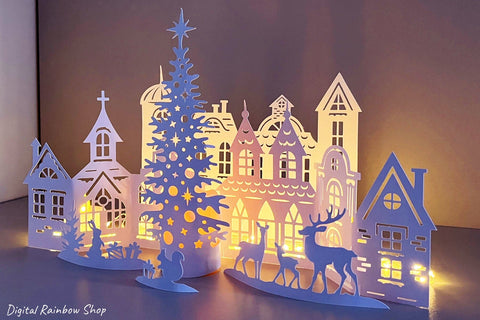 Christmas village svg template, 3d Christmas scene papercut SVG Digital Rainbow Shop 