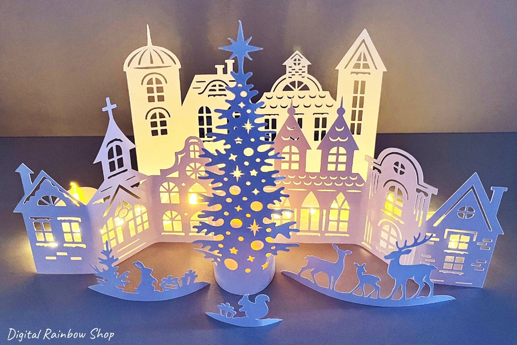 Christmas village svg template, 3d Christmas scene papercut - So Fontsy