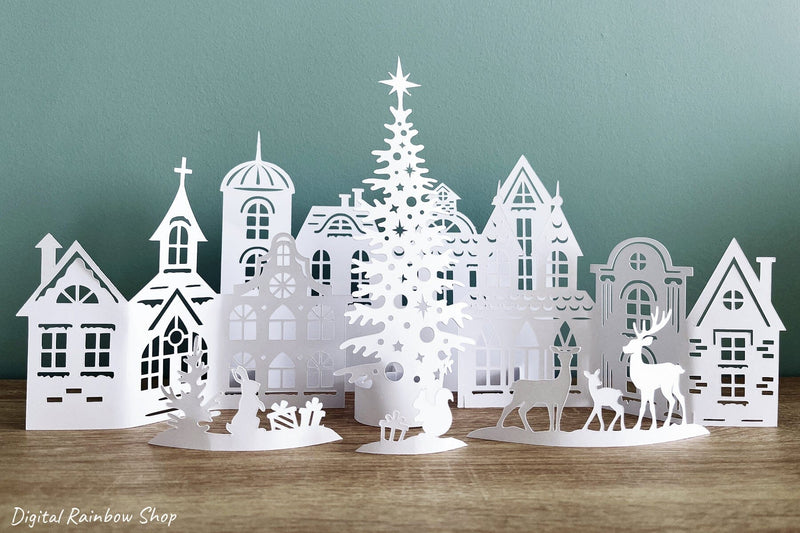 Christmas village svg template, 3d Christmas scene papercut - So Fontsy