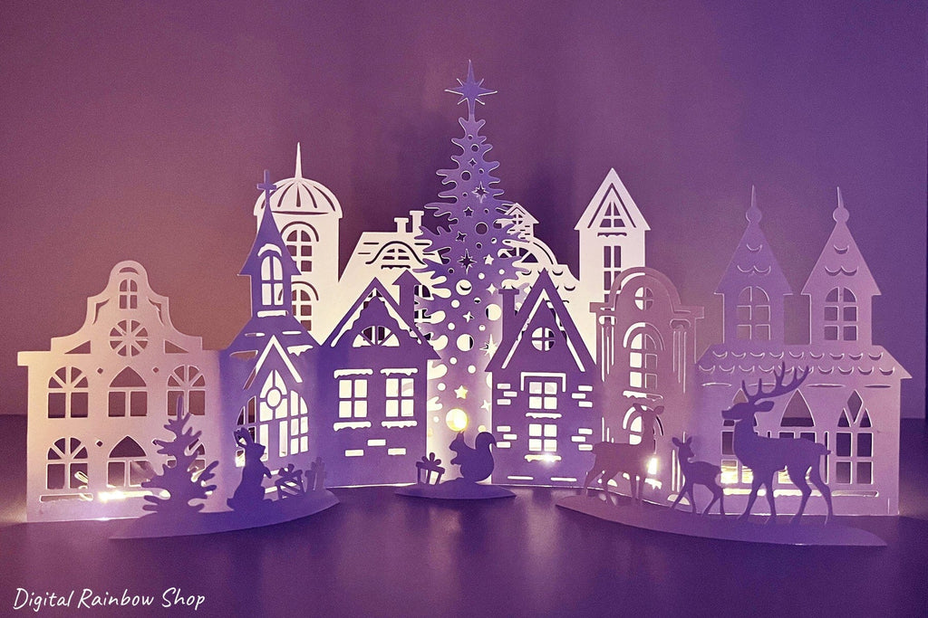 Christmas village svg template, 3d Christmas scene papercut - So Fontsy