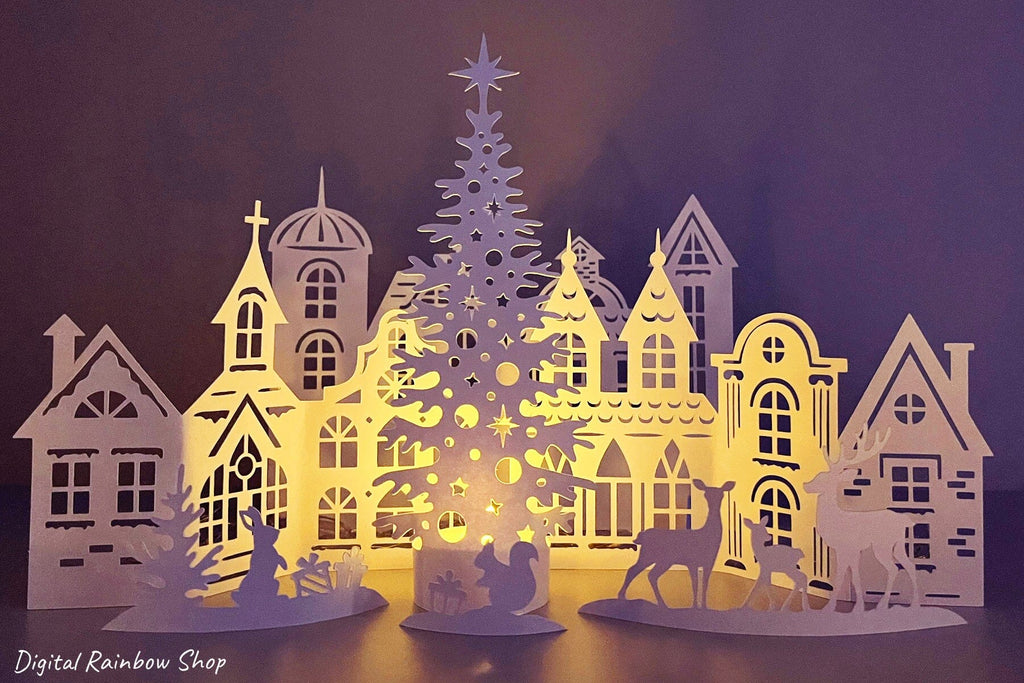 Christmas village svg template, 3d Christmas scene papercut - So Fontsy