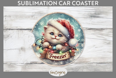 Christmas Vintage Freezin' Cat entangled Car Coaster Sublimation Sublimation Sintegra 