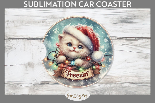 Christmas Vintage Freezin' Cat entangled Car Coaster Sublimation Sublimation Sintegra 