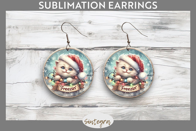 Christmas Vintage Freezin' Cat Entangled Round Earrings Sublimation Sublimation Sintegra 