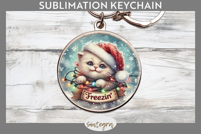 Christmas Vintage Freezin' Cat Entangled Round Keychain Sublimation Sublimation Sintegra 