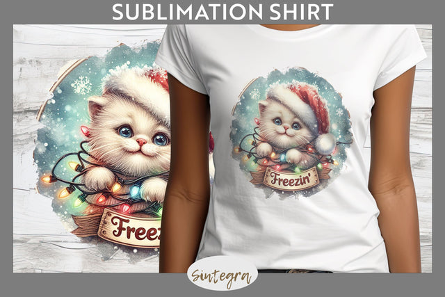 Christmas Vintage Freezin' Cat Entangled T-shirt Sublimation Sublimation Sintegra 