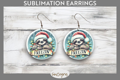 Christmas Vintage Freezin' Sloth Entangled Round Earrings Sublimation Sublimation Sintegra 