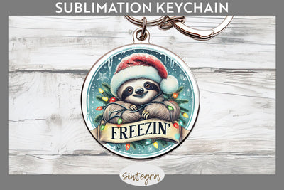Christmas Vintage Freezin' Sloth Entangled Round Keychain Sublimation Sublimation Sintegra 