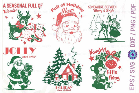Christmas Vintage Illustration Collection Bundle with Santa Claus, Reindeer, Gifts and Holiday Trees SVG FiveStarCrafting 