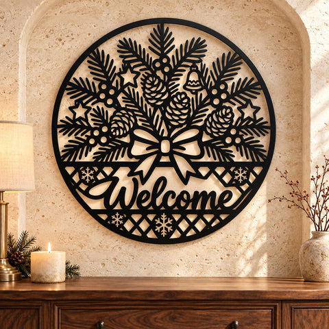 Christmas Welcome Sign Laser SVG | Evergreen Pine Wreath DXF | Holiday Door Hanger Metal Wall Art | Winter Plasma CNC Cutting File SVG HappyDesignStudio 