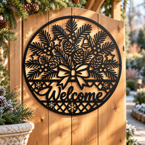 Christmas Welcome Sign Laser SVG | Evergreen Pine Wreath DXF | Holiday Door Hanger Metal Wall Art | Winter Plasma CNC Cutting File SVG HappyDesignStudio 