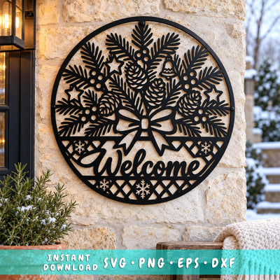 Christmas Welcome Sign Laser SVG | Evergreen Pine Wreath DXF | Holiday Door Hanger Metal Wall Art | Winter Plasma CNC Cutting File SVG HappyDesignStudio 