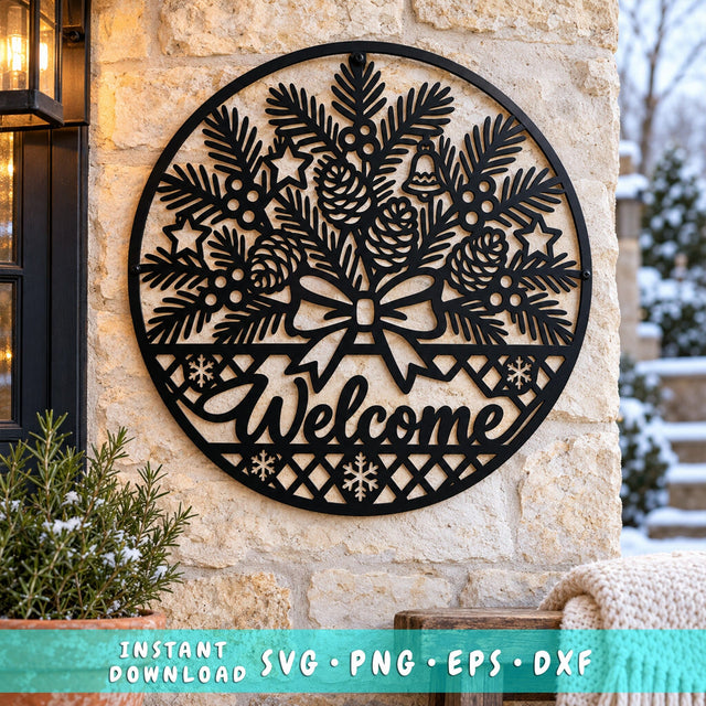 Christmas Welcome Sign Laser SVG | Evergreen Pine Wreath DXF | Holiday Door Hanger Metal Wall Art | Winter Plasma CNC Cutting File SVG HappyDesignStudio 