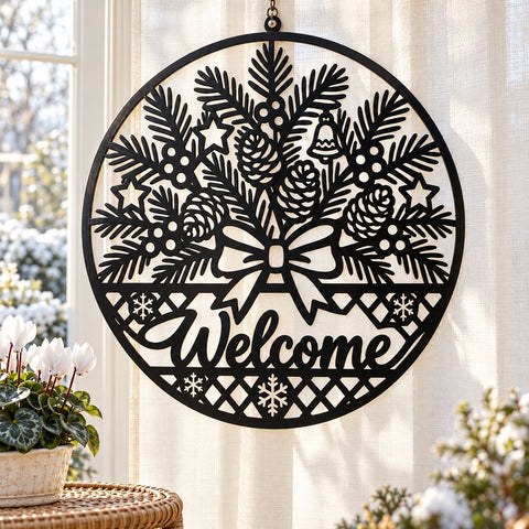 Christmas Welcome Sign Laser SVG | Evergreen Pine Wreath DXF | Holiday Door Hanger Metal Wall Art | Winter Plasma CNC Cutting File SVG HappyDesignStudio 