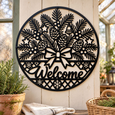 Christmas Welcome Sign Laser SVG | Evergreen Pine Wreath DXF | Holiday Door Hanger Metal Wall Art | Winter Plasma CNC Cutting File SVG HappyDesignStudio 