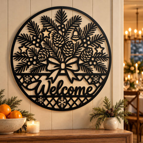 Christmas Welcome Sign Laser SVG | Evergreen Pine Wreath DXF | Holiday Door Hanger Metal Wall Art | Winter Plasma CNC Cutting File SVG HappyDesignStudio 