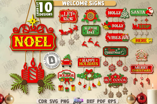 Christmas Welcome Signs Laser Cut Bundle | Winter Front Door Decor | Retro Signs | Xmas Wall Decor | Wall Decor | Christmas Laser | Christmas Eve | Home Decor | Merry Christmas | Xmas SVG | Winter Holidays | Holly Jolly Vibes | CNC Files SVG The T Store Design 