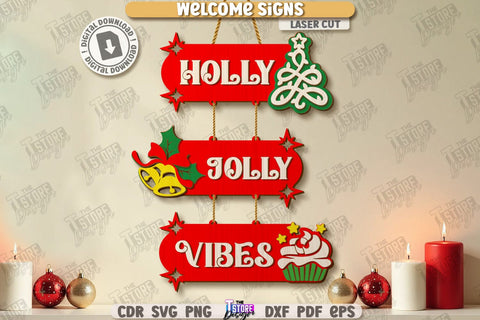 Christmas Welcome Signs Laser Cut Bundle | Winter Front Door Decor | Retro Signs | Xmas Wall Decor | Wall Decor | Christmas Laser | Christmas Eve | Home Decor | Merry Christmas | Xmas SVG | Winter Holidays | Holly Jolly Vibes | CNC Files SVG The T Store Design 