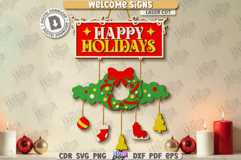 Christmas Welcome Signs Laser Cut Bundle | Winter Front Door Decor | Retro Signs | Xmas Wall Decor | Wall Decor | Christmas Laser | Christmas Eve | Home Decor | Merry Christmas | Xmas SVG | Winter Holidays | Holly Jolly Vibes | CNC Files SVG The T Store Design 