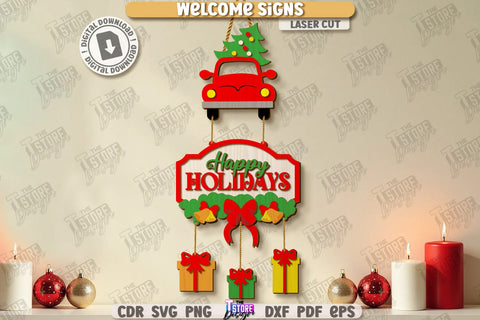 Christmas Welcome Signs Laser Cut Bundle | Winter Front Door Decor | Retro Signs | Xmas Wall Decor | Wall Decor | Christmas Laser | Christmas Eve | Home Decor | Merry Christmas | Xmas SVG | Winter Holidays | Holly Jolly Vibes | CNC Files SVG The T Store Design 