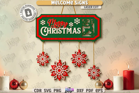 Christmas Welcome Signs Laser Cut Bundle | Winter Front Door Decor | Retro Signs | Xmas Wall Decor | Wall Decor | Christmas Laser | Christmas Eve | Home Decor | Merry Christmas | Xmas SVG | Winter Holidays | Holly Jolly Vibes | CNC Files SVG The T Store Design 