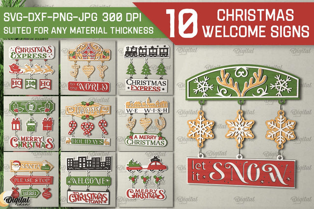Christmas Welcome Signs Laser Cut Bundle. Xmas Decor SVG SVG Evgenyia Guschina 
