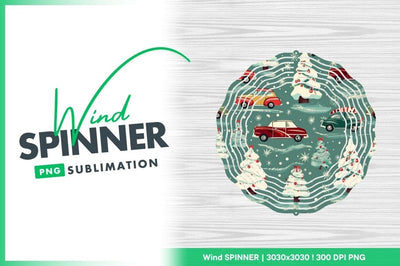 Christmas Wind Spinner Round Png with Cars and Trees on Teal Background Sublimation Regulrcrative 