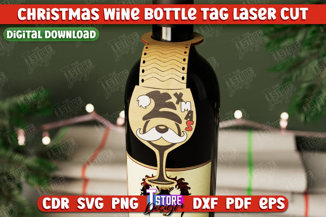 Christmas Wine Bottle Tag | Christmas Gift Idea | Holiday Bottle Tag | CNC File SVG The T Store Design 