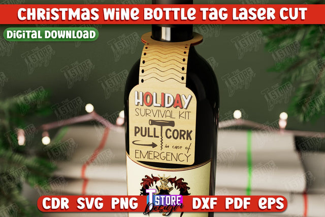 Christmas Wine Bottle Tag | Christmas Gift Idea | Holiday Bottle Tag | CNC File SVG The T Store Design 