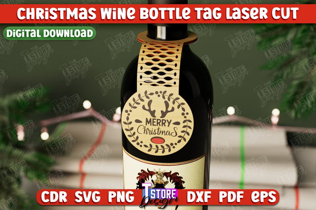 Christmas Wine Bottle Tag | Christmas Gift Idea | Holiday Bottle Tag | CNC File SVG The T Store Design 