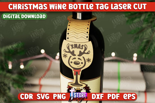 Christmas Wine Bottle Tag | Christmas Gift Idea | Holiday Bottle Tag | CNC File SVG The T Store Design 