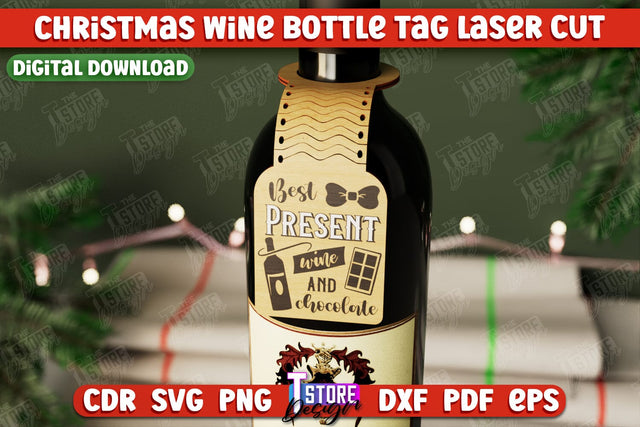 Christmas Wine Bottle Tag | Christmas Gift Idea | Holiday Bottle Tag | CNC File SVG The T Store Design 