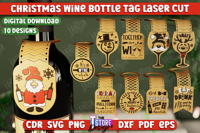 Christmas Wine Bottle Tags Bundle | Christmas Gift Idea | Holiday Bottle Tags | CNC Files SVG The T Store Design 