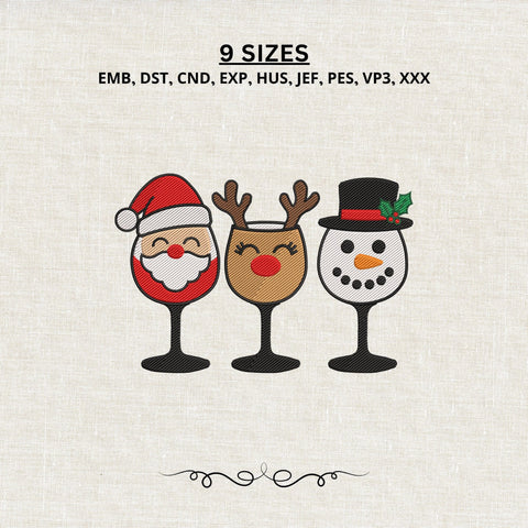 Christmas Wine Glass Trio Embroidery Design – Santa Reindeer Snowman Holiday Machine Embroidery File Embroidery/Applique DESIGNS PatternFeed8 
